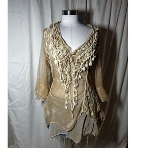 Vintage Pretty Angel Silk Blend Crochet Lace Tunic Top Tan Beige Boho Fairy